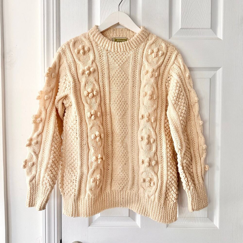 Kennedy of Ardara Ireland Beige Cable Knit Pom Pom Fisherman Sweater Wool OS